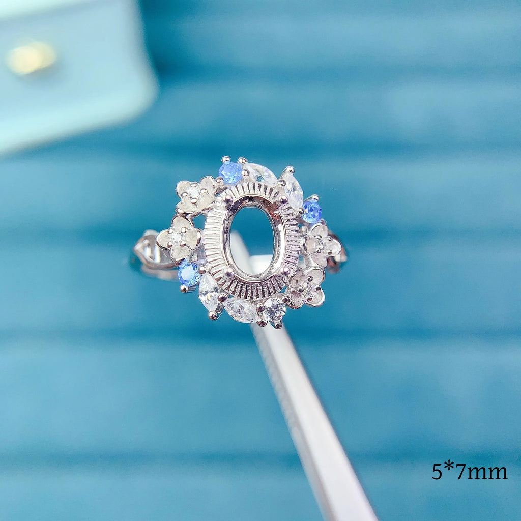 L S925 Sterling Silver Empty Holder Ring Setting 5*7mm Ellipse Fine Fashion Flower Design Zircon DIY Charm Jewelry for Woman