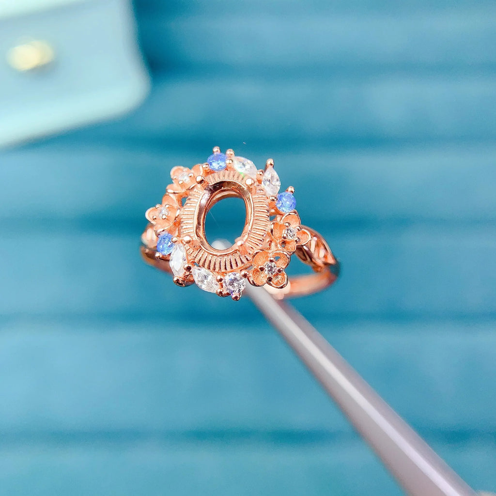 L S925 Sterling Silver Empty Holder Ring Setting 5*7mm Ellipse Fine Fashion Flower Design Zircon DIY Charm Jewelry for Woman