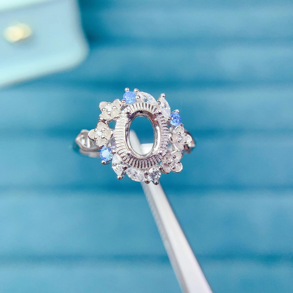 L S925 Sterling Silver Empty Holder Ring Setting 5*7mm Ellipse Fine Fashion Flower Design Zircon DIY Charm Jewelry for Woman