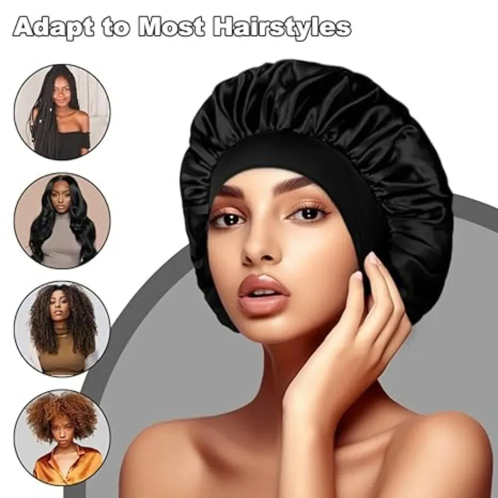 Solid Satin Bonnet Hair Wrap Elastic Band Narrow Head Tie Band Edge Bathroom Shower Cap for Sleeping Women Shower Hair Care