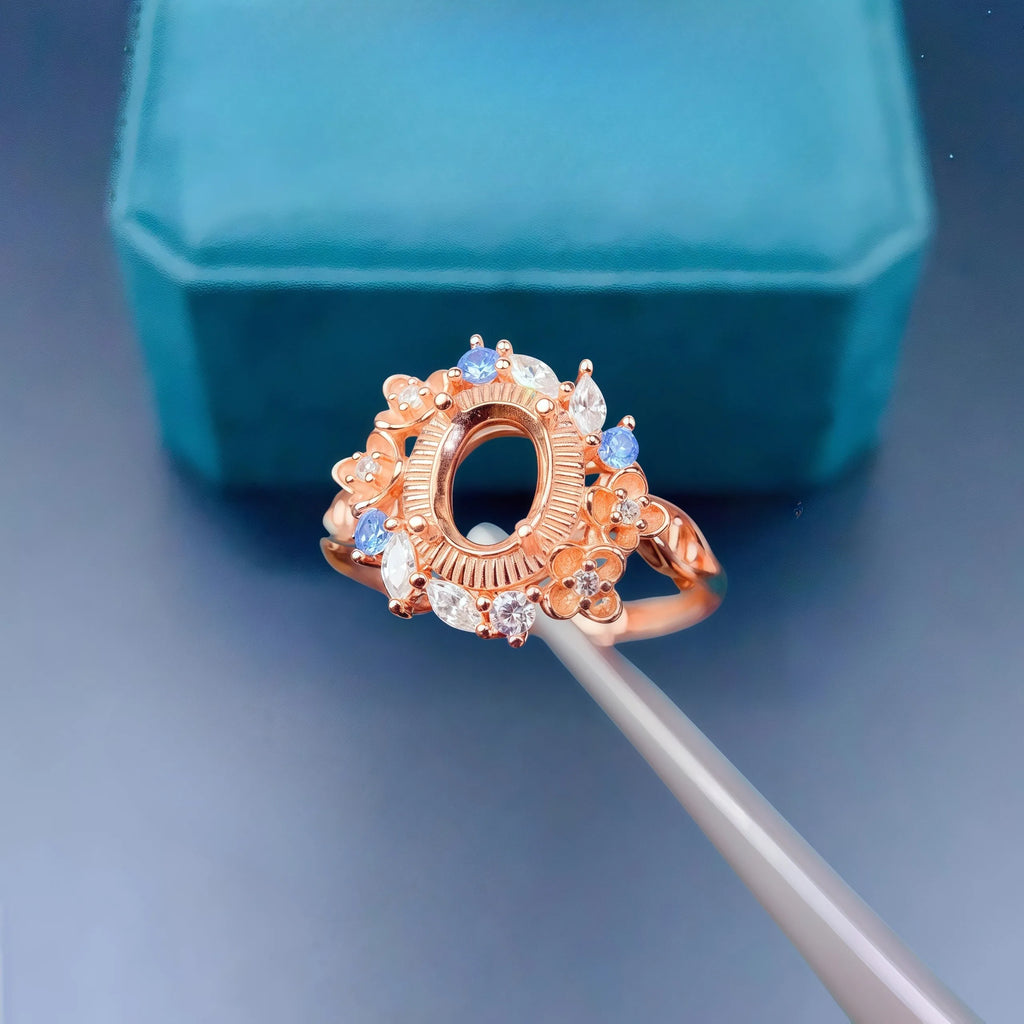L S925 Sterling Silver Empty Holder Ring Setting 5*7mm Ellipse Fine Fashion Flower Design Zircon DIY Charm Jewelry for Woman