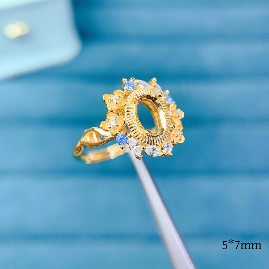 L S925 Sterling Silver Empty Holder Ring Setting 5*7mm Ellipse Fine Fashion Flower Design Zircon DIY Charm Jewelry for Woman